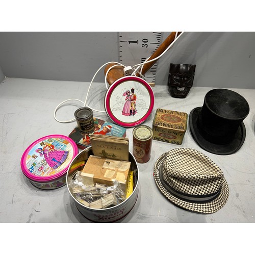 186 - Box of top hat etc + lamp standard