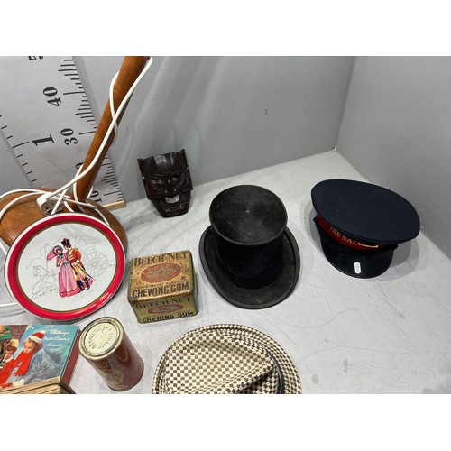 186 - Box of top hat etc + lamp standard