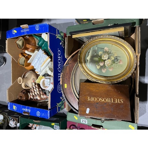 210 - Box of misc inc stethoscope + gilt pictures etc