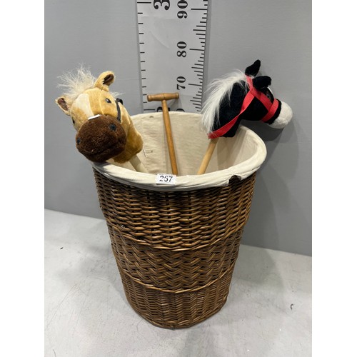 267 - Chad valley bucket & spade, toy riding horse sticks & basket