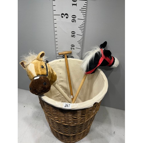 267 - Chad valley bucket & spade, toy riding horse sticks & basket