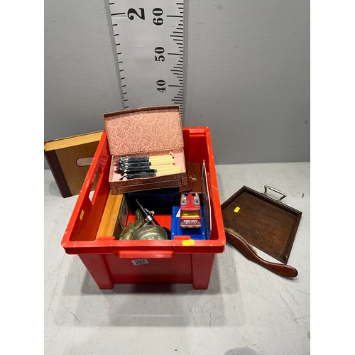 287 - Box misc crumb brushpan, cutlery, fire engine etc