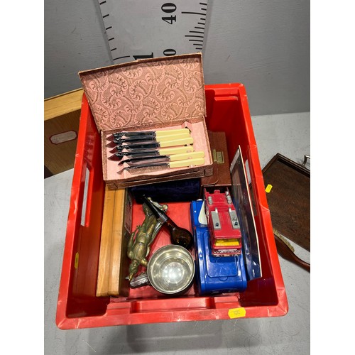 287 - Box misc crumb brushpan, cutlery, fire engine etc