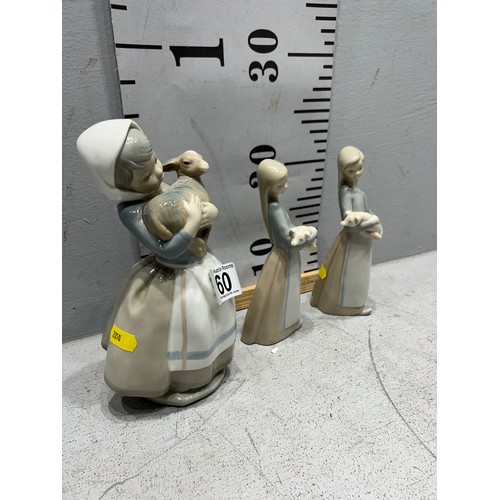 360 - 2 Lladro figures girls holding pigs + Nao figure girl holding lamb