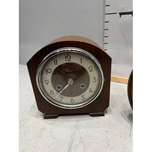 414 - Brass bed warmer + oak mantle clock