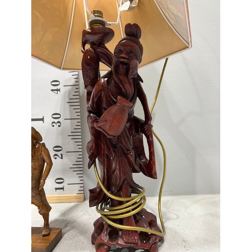 457 - Chinese carved lamp + 2 figures