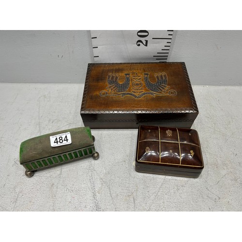 484 - Silver plated pin cushion + 2 treen boxes