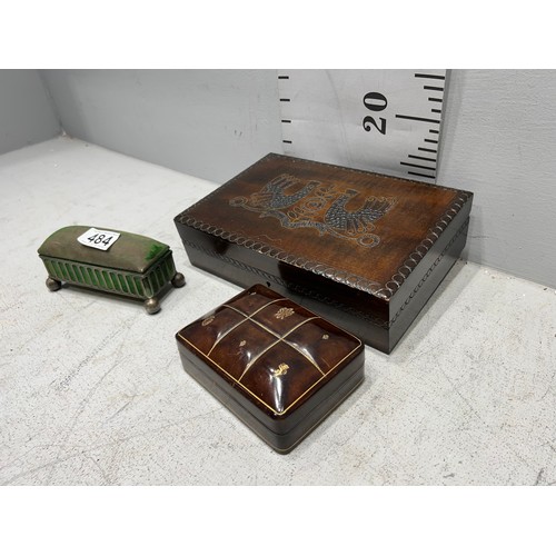 484 - Silver plated pin cushion + 2 treen boxes