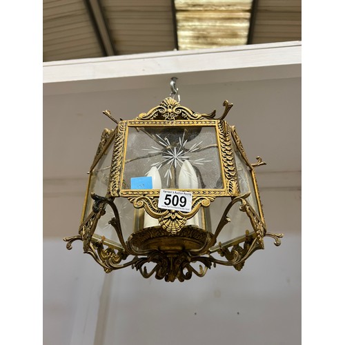 509 - French etched glass & brass chandelier (needs rewire)