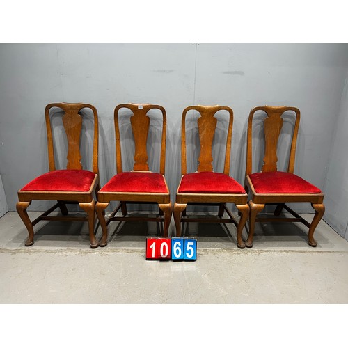 1065 - Set of 4 vintage oak high back dining chairs with red velvet seats