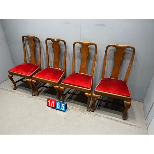 1065 - Set of 4 vintage oak high back dining chairs with red velvet seats