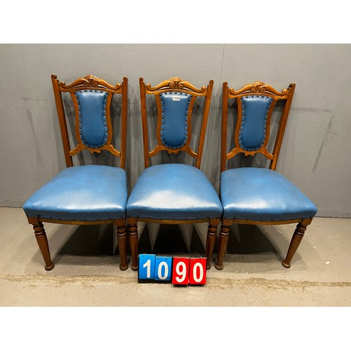 1090 - Vintage mahogany blue leather chairs x3