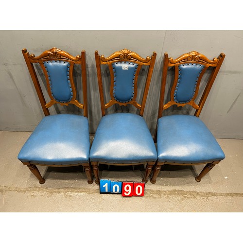 1090 - Vintage mahogany blue leather chairs x3