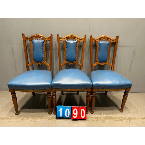 1090 - Vintage mahogany blue leather chairs x3