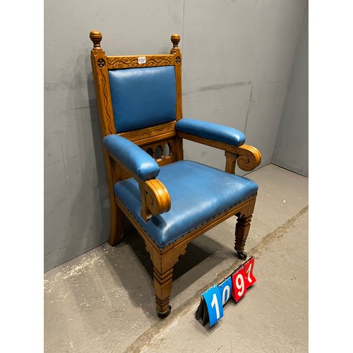 1091 - Vintage oak throne chair in blue leather