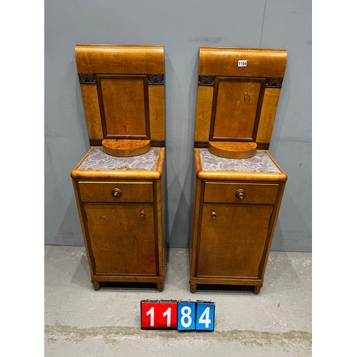 1184 - Pair of art deco walnut bedside tables with ornate backs