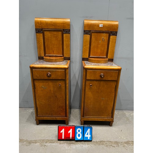 1184 - Pair of art deco walnut bedside tables with ornate backs