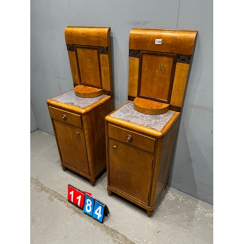 1184 - Pair of art deco walnut bedside tables with ornate backs