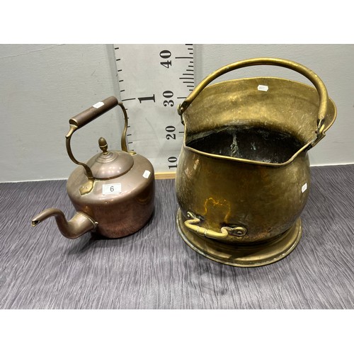 6 - Victorian Brass coal helmet bucket + large copper kettle
