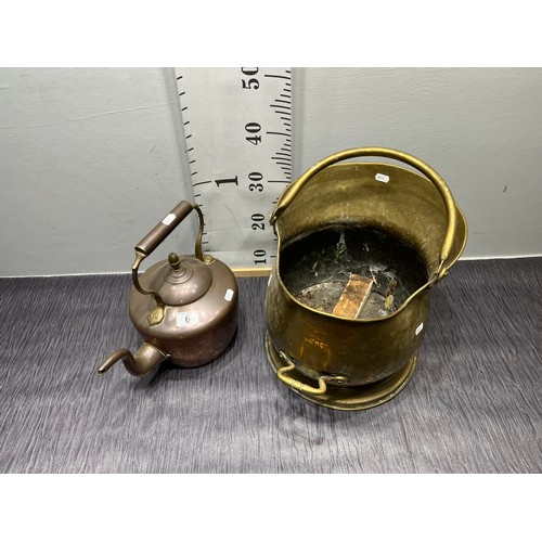 6 - Victorian Brass coal helmet bucket + large copper kettle