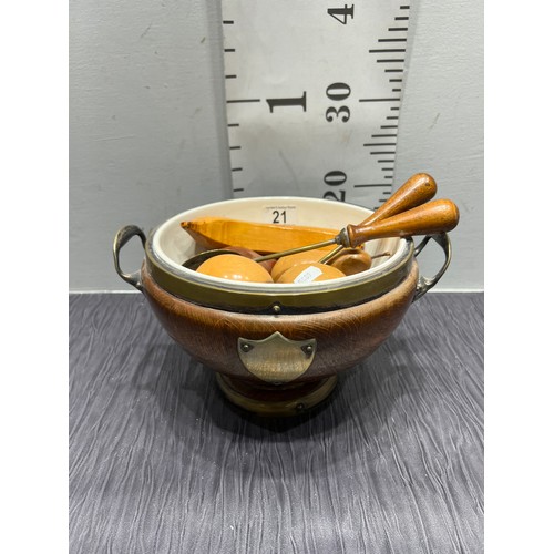 21 - 20th C Vintage wooden bowl with ceramic liner + wooden fruit + servers
