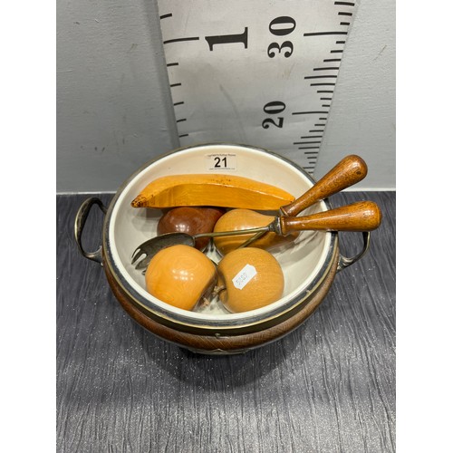 21 - 20th C Vintage wooden bowl with ceramic liner + wooden fruit + servers