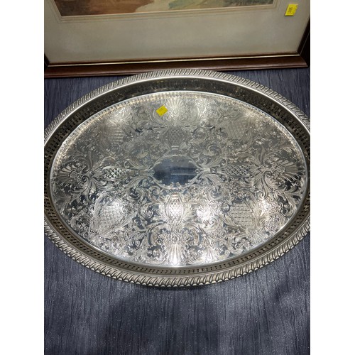 24 - Large oval silver plated tray + picture