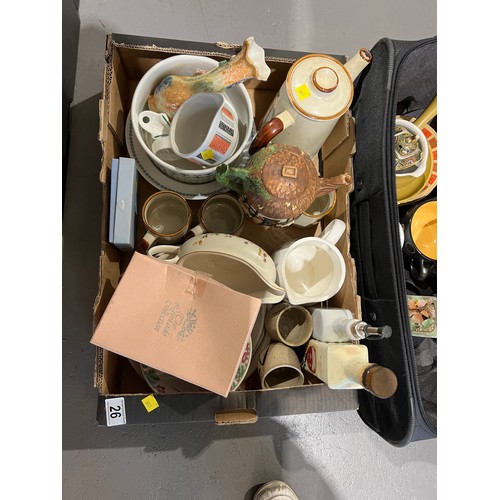 26 - Box misc pottery + suitcase misc