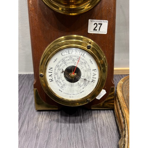 27 - Antique Clock/barometer on wood plaque + bellows