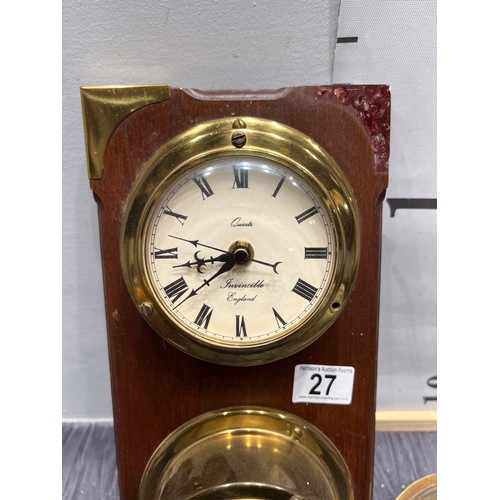 27 - Antique Clock/barometer on wood plaque + bellows