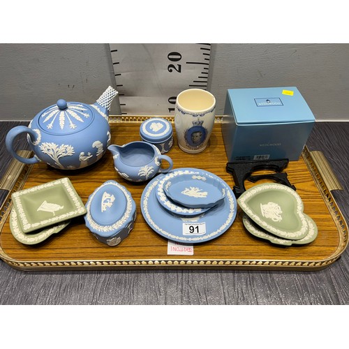 91 - Tray jasperware pottery tea pot, jugs, plates etc tray not included