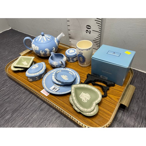 91 - Tray jasperware pottery tea pot, jugs, plates etc tray not included