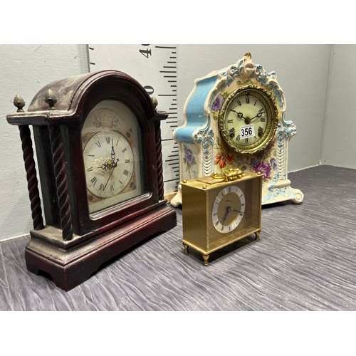 356 - Victorian ceramic French clock + bracket clock + brass clock