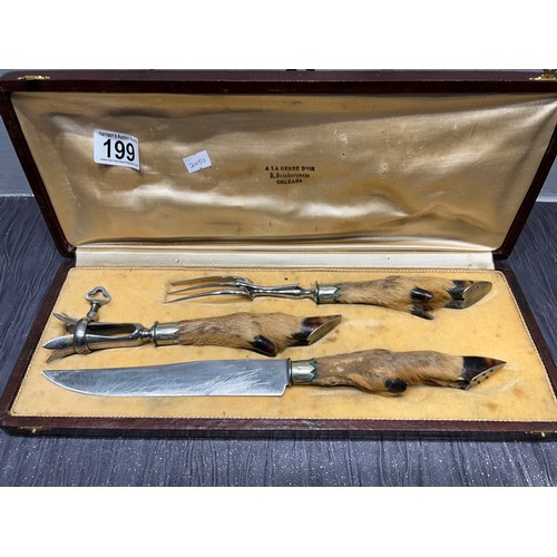 199 - 3 Piece vintage 'deer leg' carvery set boxed + fish knives & forks + barometer