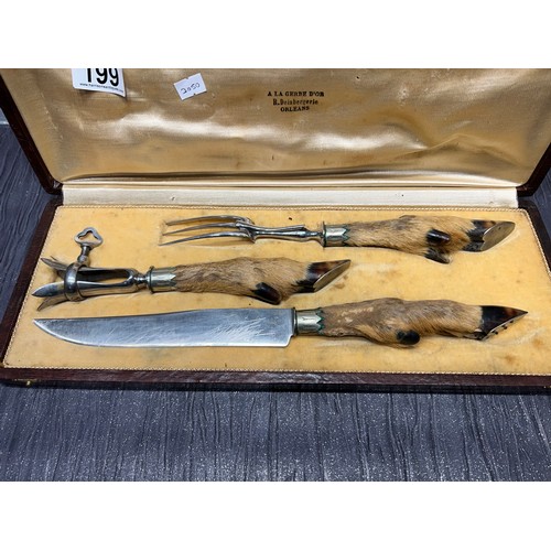 199 - 3 Piece vintage 'deer leg' carvery set boxed + fish knives & forks + barometer