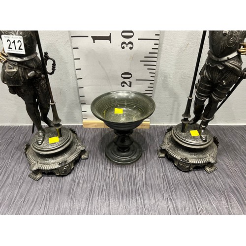 212 - Pair metal candle holder figures + dish