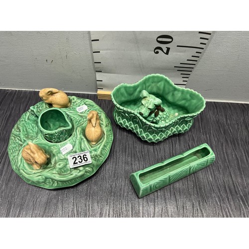 236 - 5 Pieces green sylvac items Bowl , dog,spill vases etc