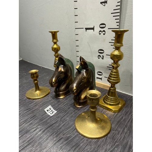 275 - 2 Pairs brass candlesticks + 2 brass horse bookends