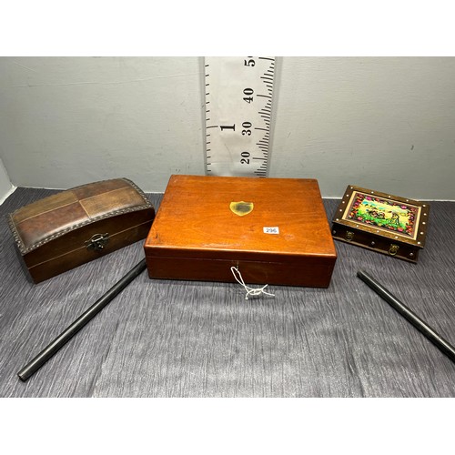 296 - Wooden box + 2 jewellery boxes + 2 antiques rolling rulers