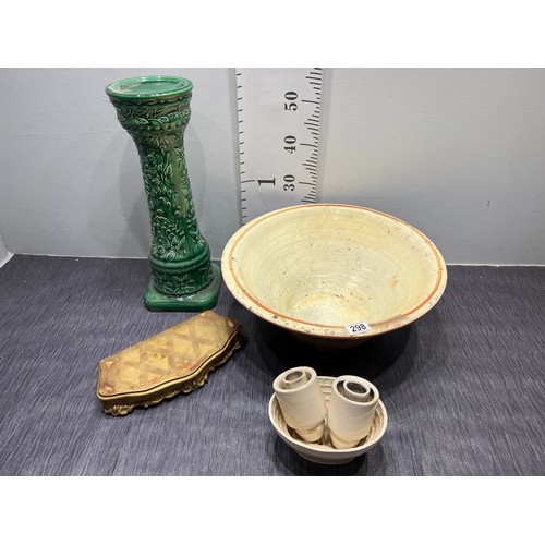 298 - Antique pancheon + stoneware moulds + jardiniere stand