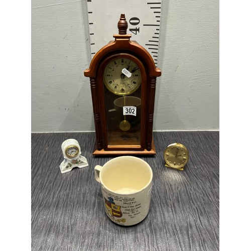 302 - Aynsley miniture clock + brass clock + mug + mantle clock