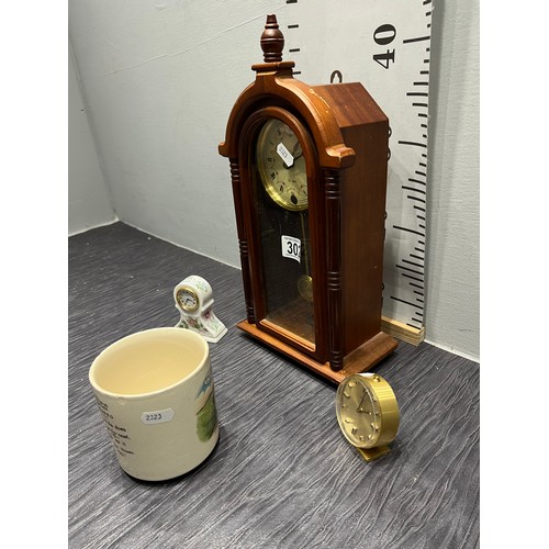 302 - Aynsley miniture clock + brass clock + mug + mantle clock