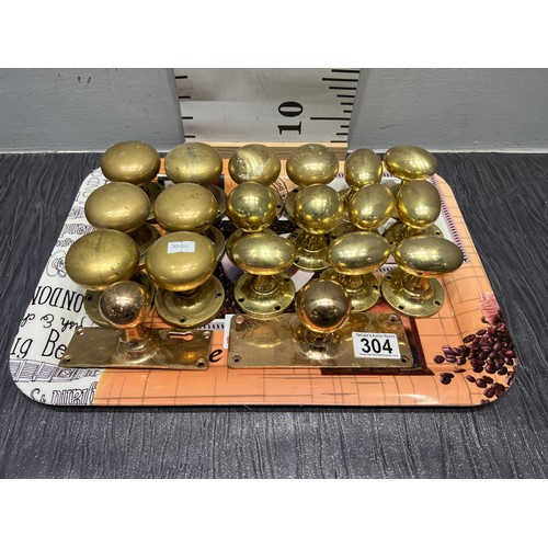 304 - 19 Brass vintage door handles tray not inc