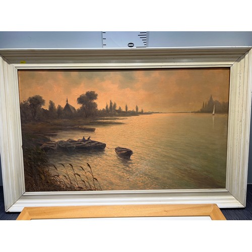 323 - Canvas picture 'on lake' + water colour pictures framed