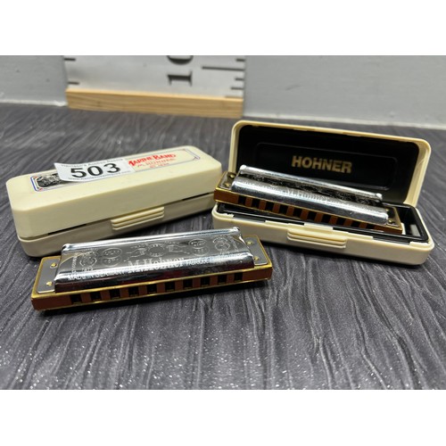 503 - 2 Hohner marine band harmonicas in cases