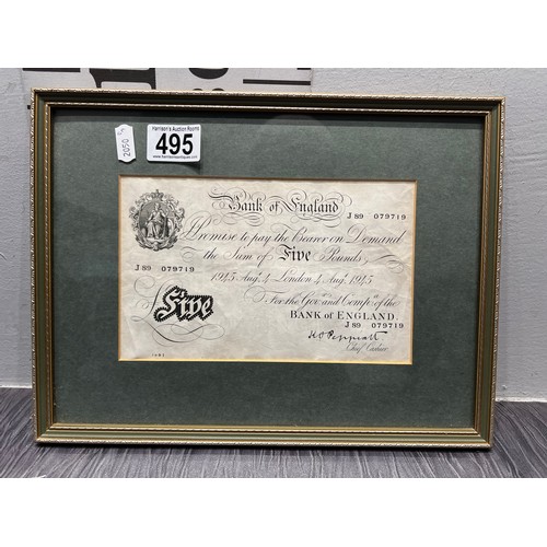 495 - Vintage white £5 note framed