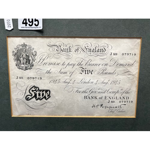 495 - Vintage white £5 note framed