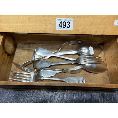 493 - Vintage lidded oak box + silver spoons & forks