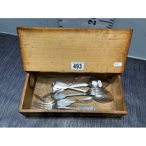 493 - Vintage lidded oak box + silver spoons & forks