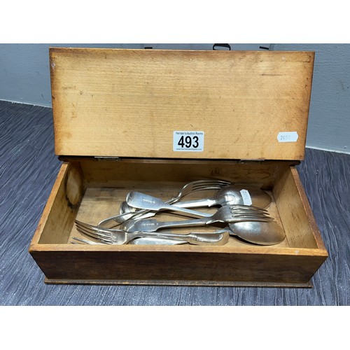 493 - Vintage lidded oak box + silver spoons & forks